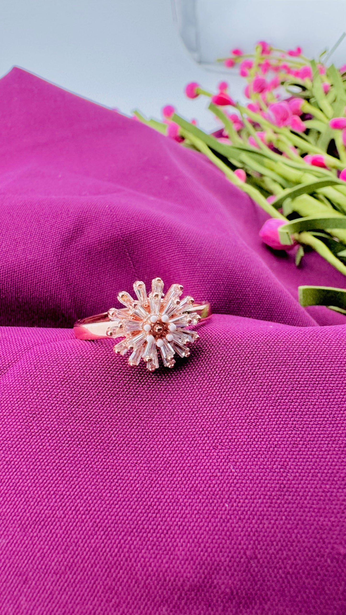 Adjustable Crystal marigold Ring - Silver and Rose Gold