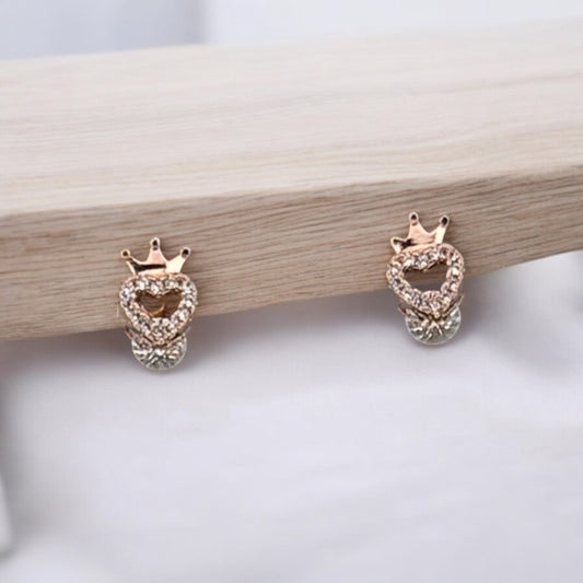 Crown Heart Stud Earrings - Rose Gold & Silver