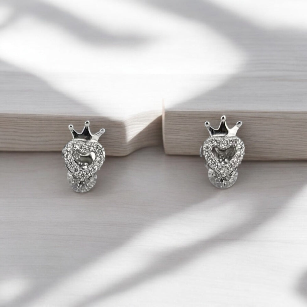 Crown Heart Stud Earrings - Rose Gold & Silver