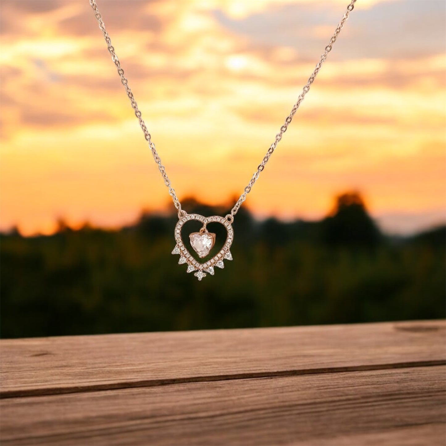 Heart-Shaped Rose Gold Pendant with Sparkling hanging Stone Necklace