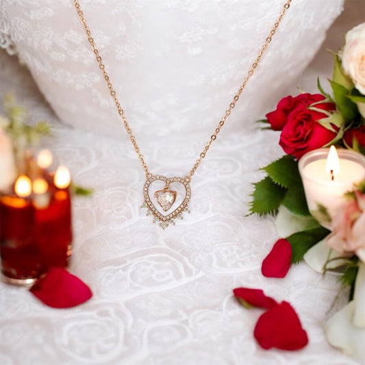 Heart-Shaped Rose Gold Pendant with Sparkling hanging Stone Necklace